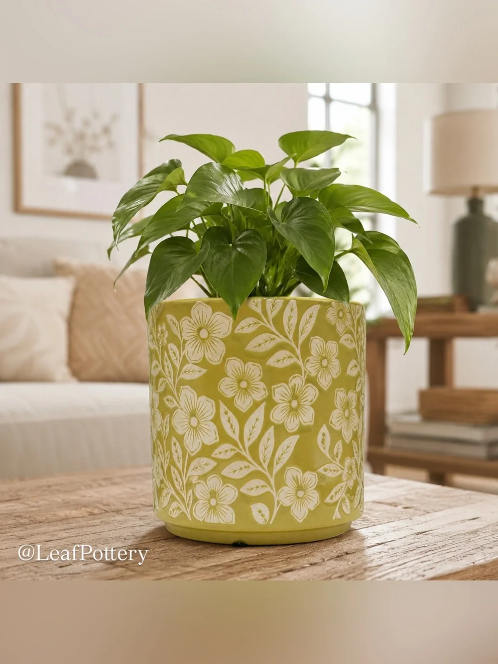 Mustard Yellow Floral Ceramic Planter with Drainage Hole, 6 Inch planter